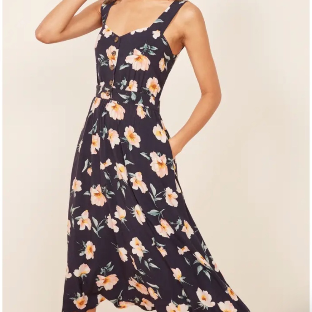 Reformation Lanai Floral Sleeveless Dress In Navy
